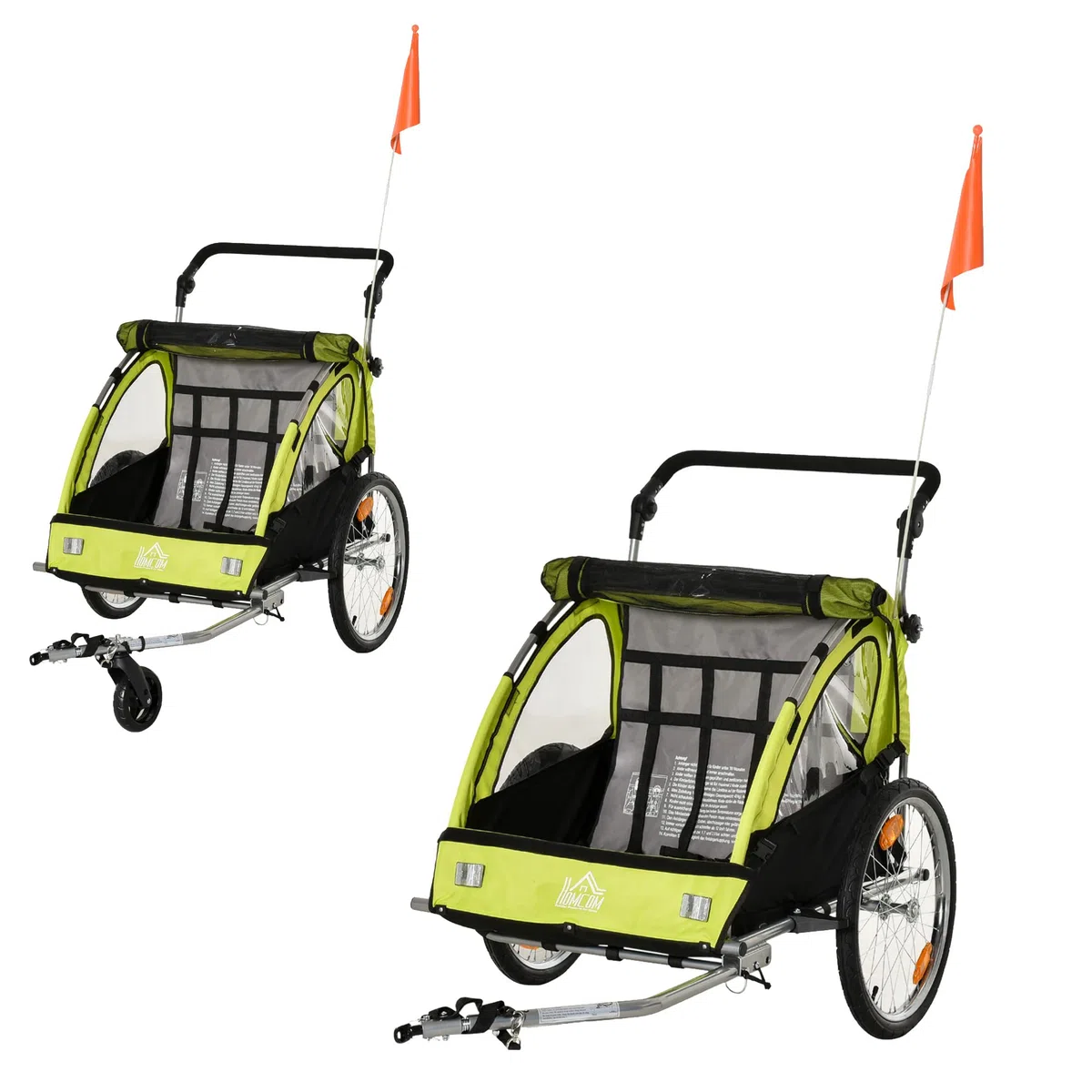 HOMCOM 2 in 1 Kinderanhänger Anhänger 360° Drehbar Fahrradanhänger 2 Kinder Buggy Kinderwagen mit Fünf-Punkt-Sicherheitsgurt Joggerfunktion Metall Oxford 160 x 84 x 106 cm