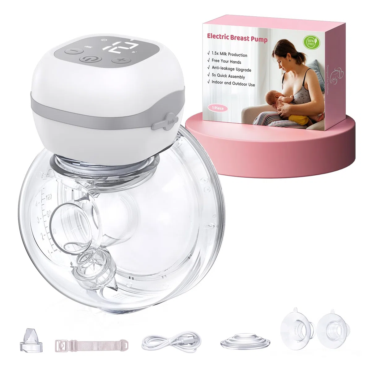 Haokoo Elektrische Milchpumpe -201g BPA-frei Milchpumpe Elektrisch Freihändig, 3 Modi und 12 Stufen, 40dB Leise, Ideal für Arbeit, Reisen & Nacht, 1er-Pack