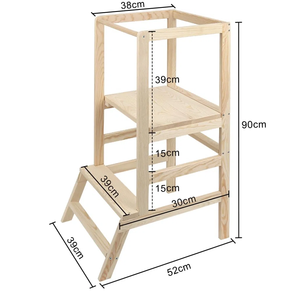Homewell Höhenverstellbarer Lernturm ab 1 Jahr, Learning Tower, Montessori-Methode, Massiv Montessori Lernturm Kinder aus Holz, Stabil Robust, 39 * 52 * 90 cm