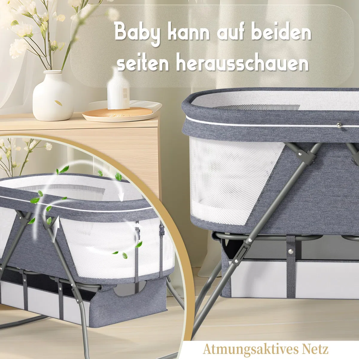 XJD Baby Beistellbett, 2 in 1 Babybett klappbar, Stubenwagen mit Aufbewahrungskorb, Reisebett mit weich Matratze, Transporttasche, Moskitonetz, Babywiege für 0-6 Monate, von Geburt bis 10 kg, Grau