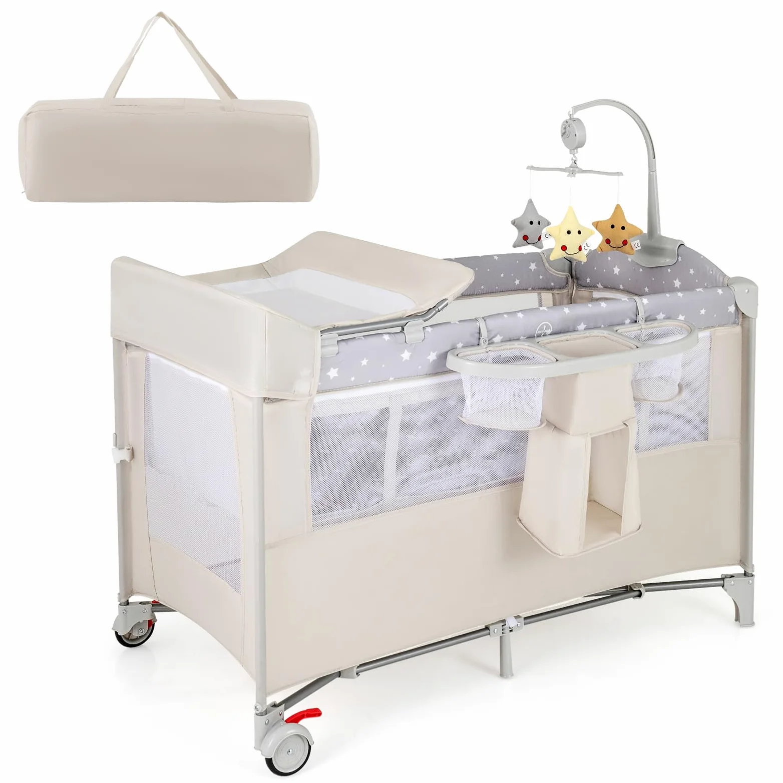 GOPLUS 5 in 1 Baby Beistellbett, Reisebett mit Wickelablage, Laufstall, Spieluhr, Spielzeug & Aufbewahrungskörben, Babybett klappbar mit Tragetasche für Baby bis 3 Jahren (Beige)