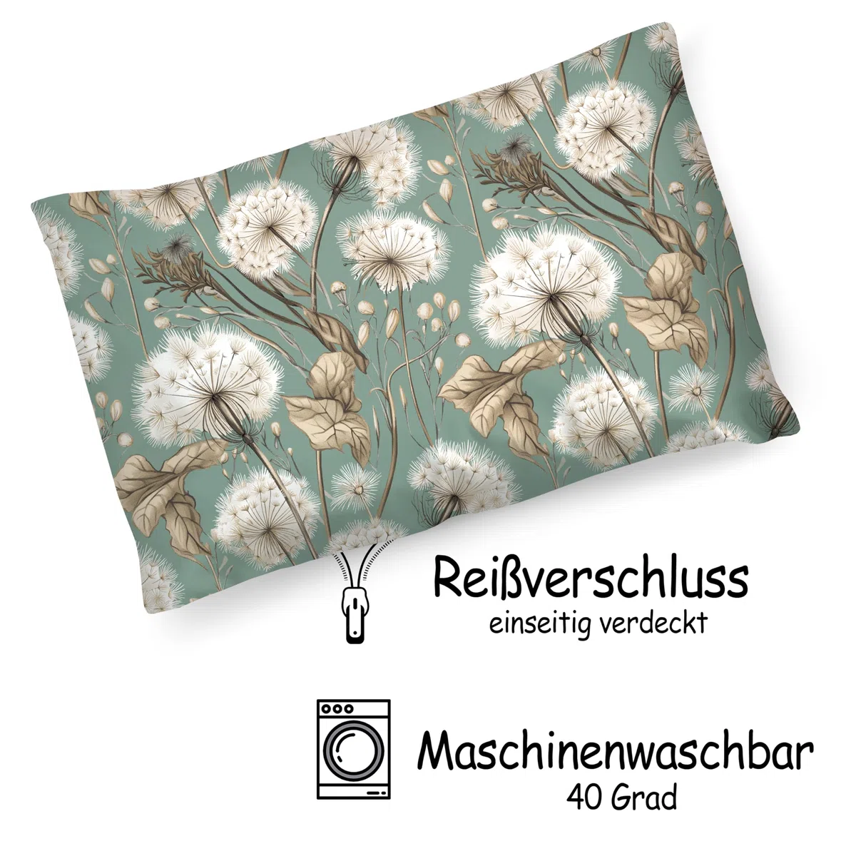 PinkZebra Kopfkissenbezug, Kissenbezug 30 x 50 cm aus 100% Baumwolle, Kissenhülle, Öko-tex Standard 100, Bezüge mit Reißverschluss, Löwenzahn Grün
