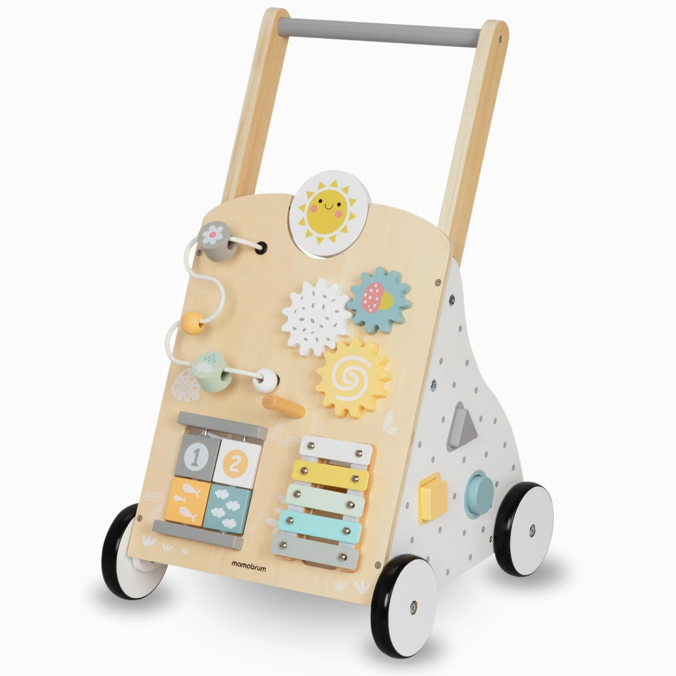 Mamabrum Lauflernwagen aus Holz mit Multifunktionalem 8in1 Spielcenter – Motorikspielzeug für Kleinkinder, Stabile Konstruktion, Xylophon und Zahnräder