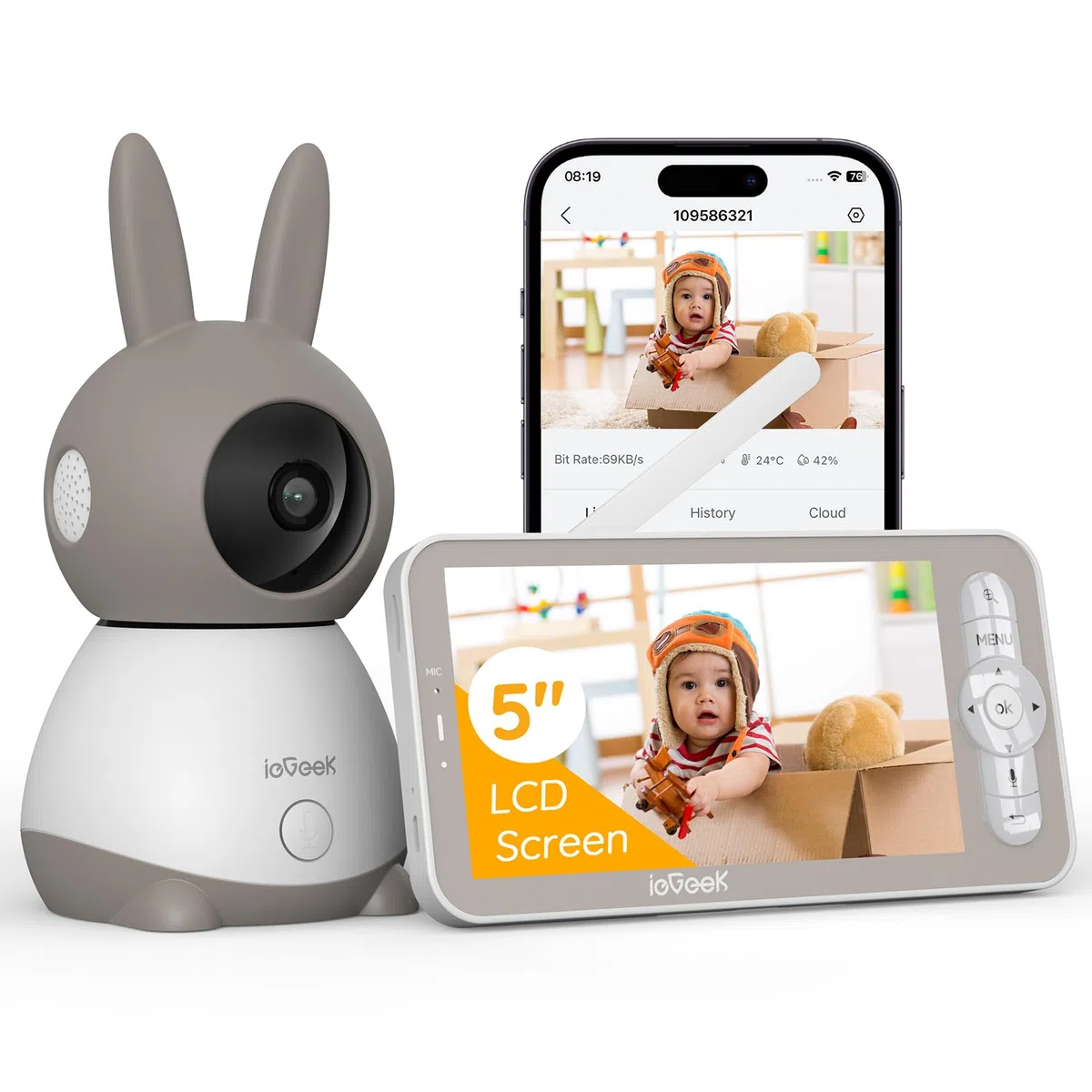 ieGeek Babyphone mit Kamera 2K 3MP, 5 Zoll WLAN Video-Babyfon mit PTZ 360°, Nachtsicht, Bewegungserkennung, App-Steuerung