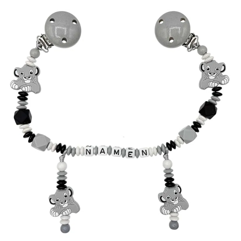 Generisch Set Nuckelkette + Kinderwagenkette mit Namen LÖWE Hellgrau Weiß Schwarz/Baby/Unisex/Personalisiert/HANDMADE
