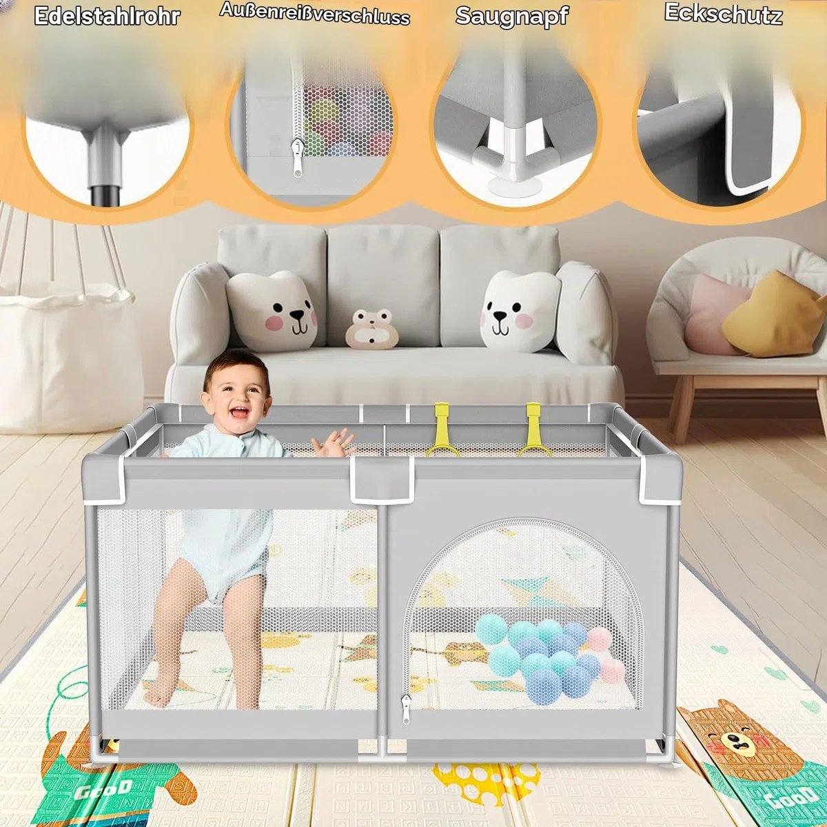 Laufgitter Baby mit Matratze 120x120cm Laufstall,Laufgitter Baby Atmungsaktivem Netz an Vier Seiten,mit 4 Rutschfeste Saugnäpfen Laufstall Faltbar mit Schaum Matte,Reißverschlusstür