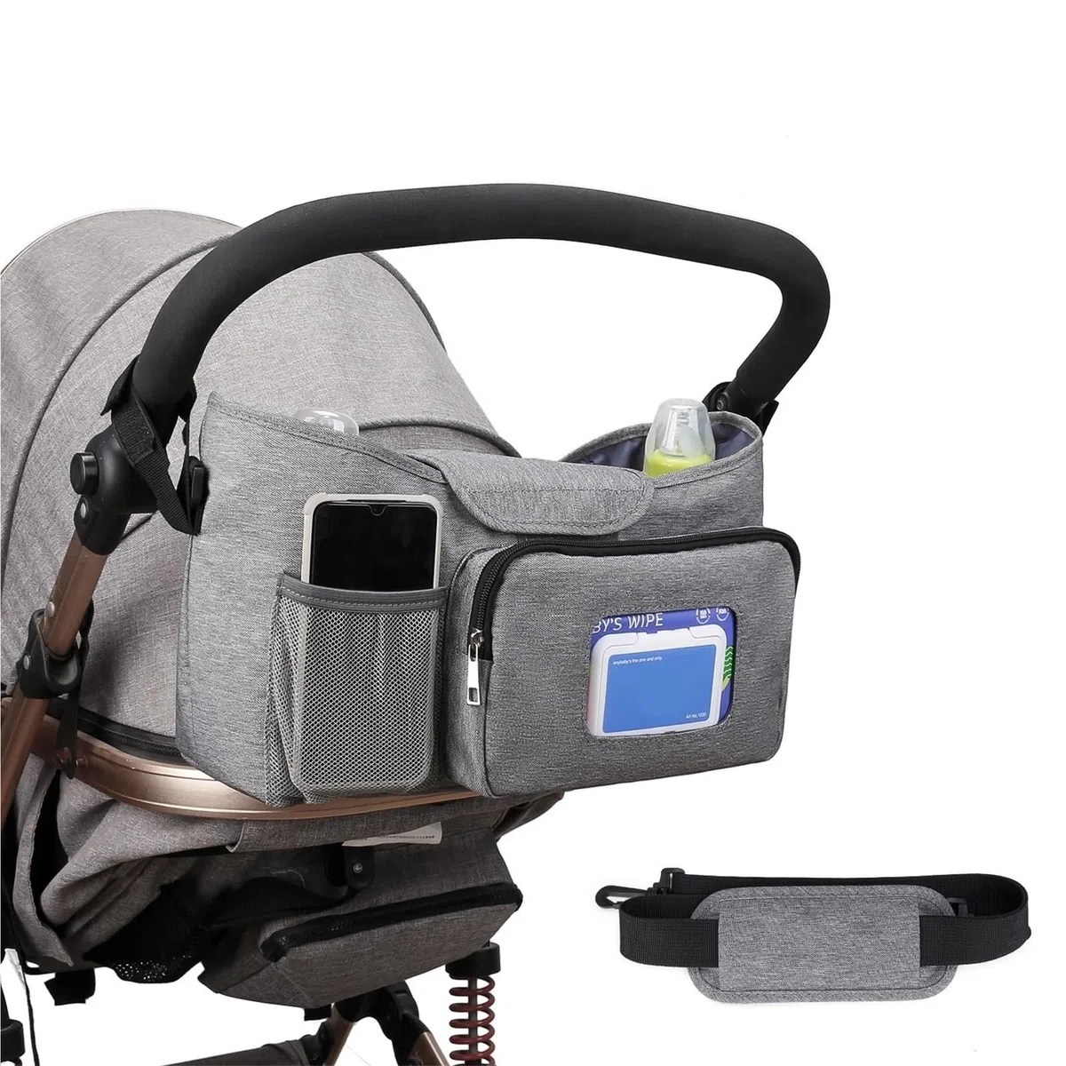 Kleine Wickeltasche, Kinderwagen-Organizer mit isoliertem Getränkehalter und Schultergurt, Mini-Kinderwagen-Aufbewahrungstasche for den Außenbereich(Dark blue)