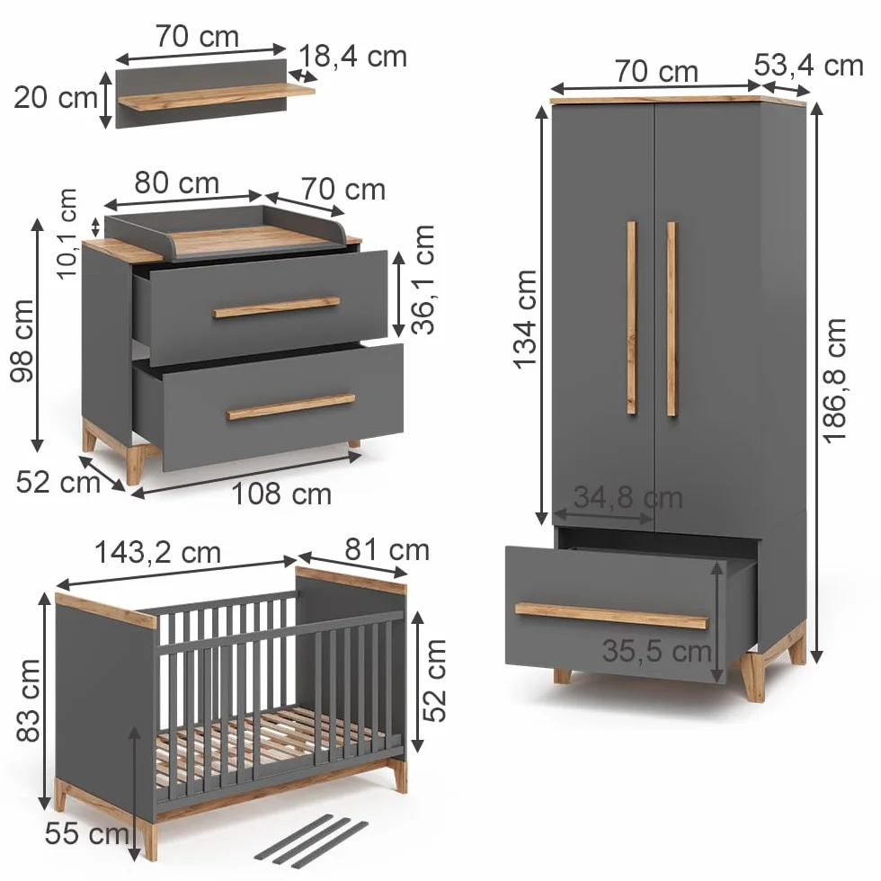 VitaliSpa Kinderzimmer-Set Malia, Grau/Eiche, 4er Set, zur Erweiterung mit weiteren Malia Möbelstücken geeignet