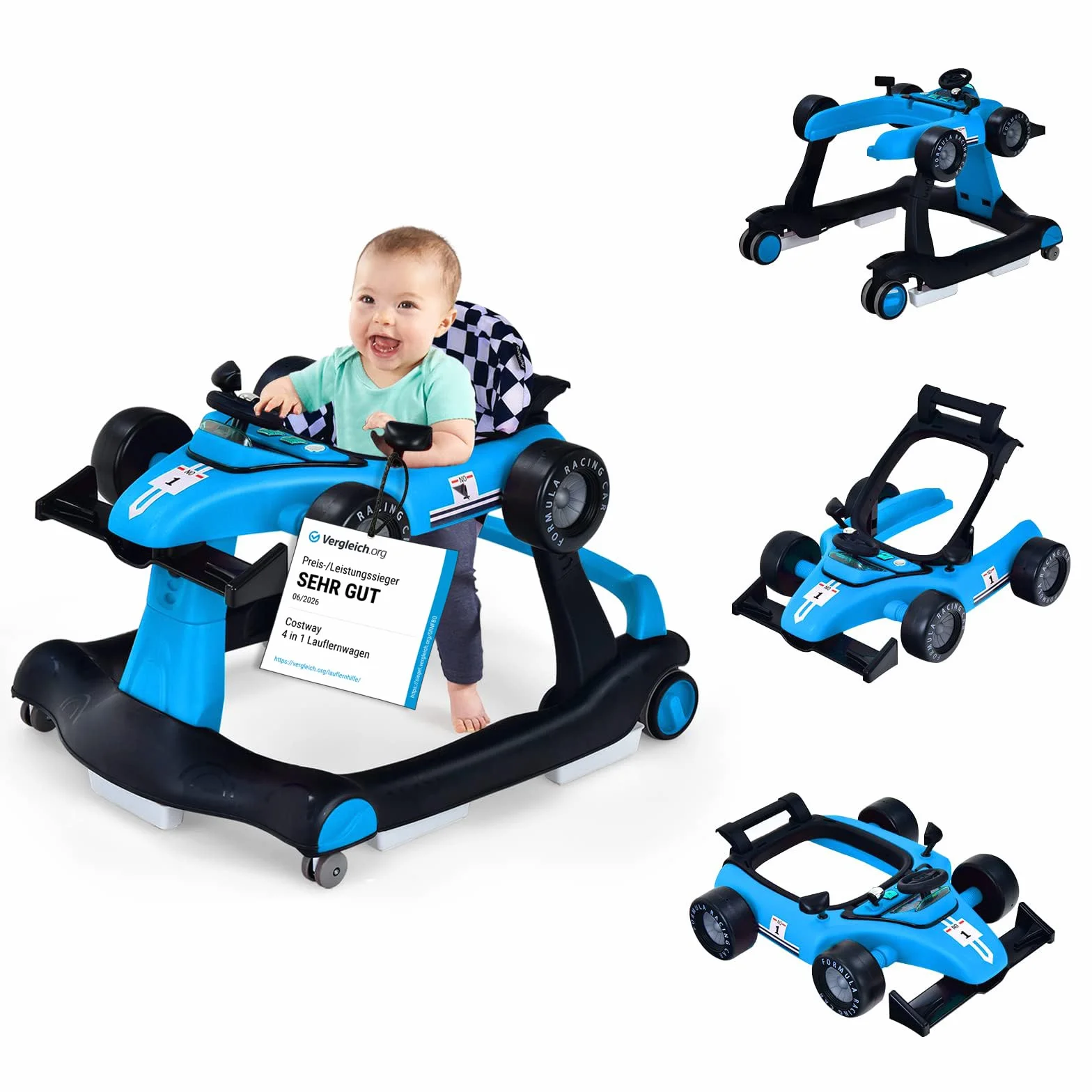 COSTWAY 4 in 1 Lauflernhilfe, Lauflernwagen klappbar mit einstellbarer Höhe & Geschwindigkeit, Baby Walker Autoförmig mit Musikbox, Licht & Rädern, Gehfrei Baby ab 6 Monaten, 12kg Belastbar (Blau)