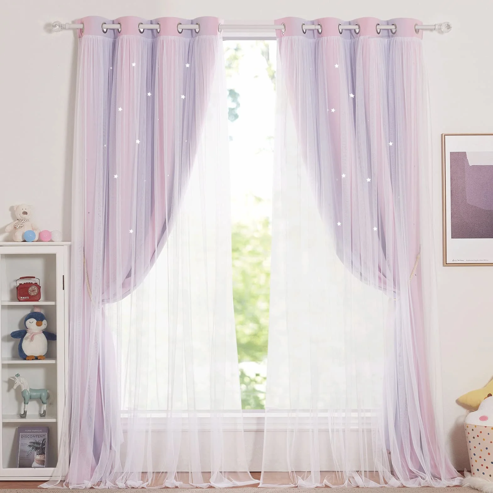 NICETOWN Gardinen Kinderzimmer Mädchen 2 Stücke Verdunklungsvorhänge Dekoration Sternevorhänge mit Voile Curtains Ösenvorhang H 240 x B 132 cm, Pink+Lila