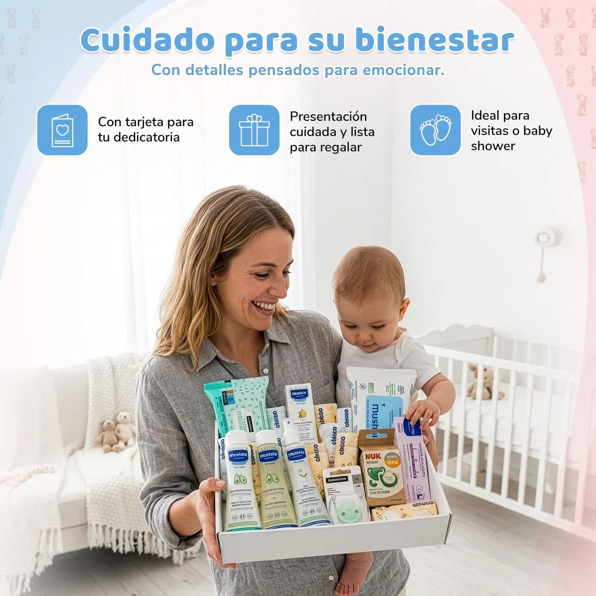 Geschenkkorb für Babys | Enthält Gel, Shampoo, Eau de Cologne und mehr | Schnuller und Clip 0-6 Monate | 10 Windeln Größe 2