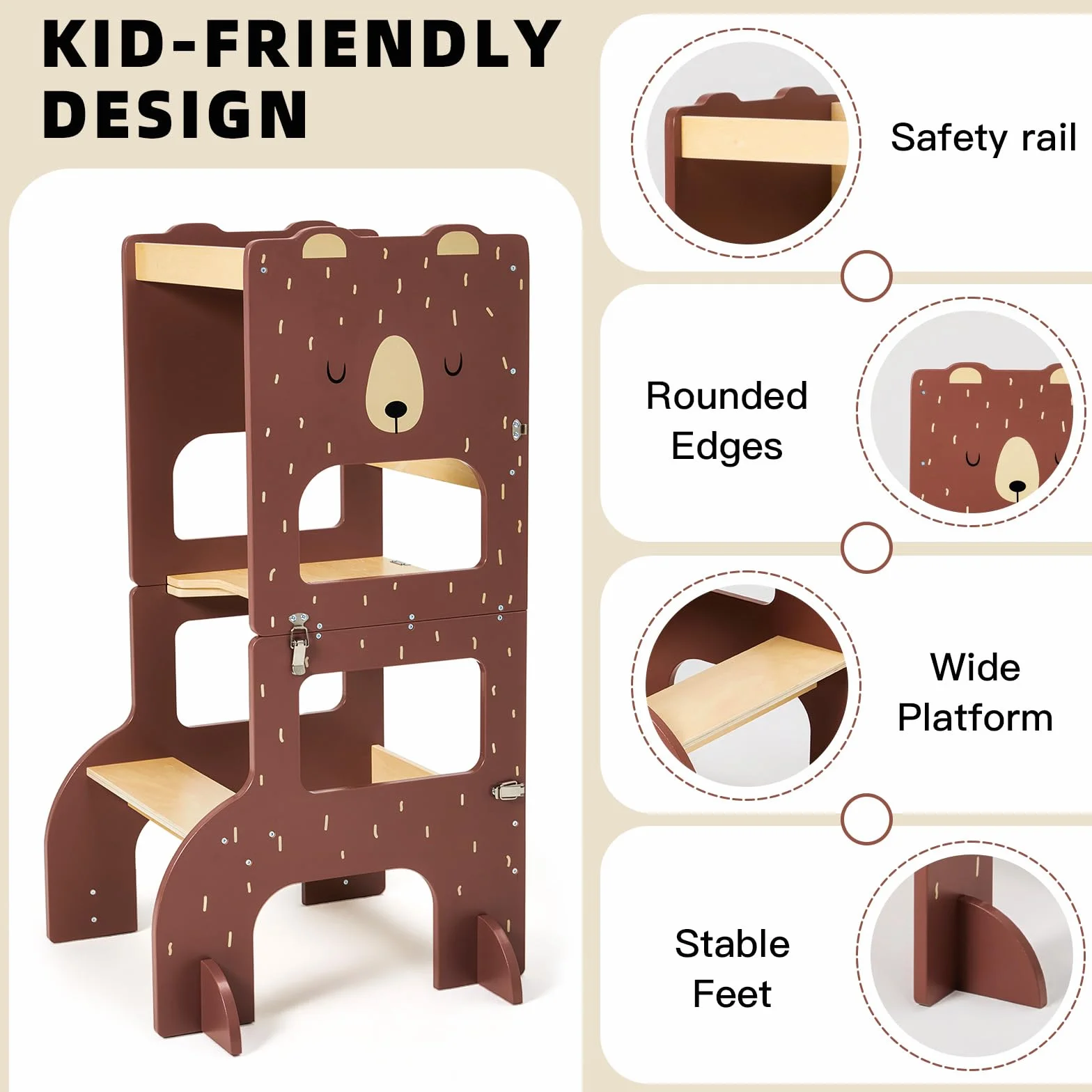 labebe lernturm ab 1 Jahr, Großformat Montessori Lernturm klappbar, 3 in 1 Multifunktion Learning Tower mit Zeichnung Kreidetafel-brauner Bär