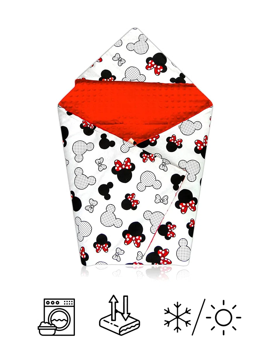 Welt der Träume Doppelseitige Einschlagdecke für Babyschale Autokindersitz Buggy Kinderwagen 90x90cm - universal Baby Decke (z.B. Maxi-Cosi/Cybex/Römer) (Auto Einschlagdecke - Miki Weiss -Minky rot)