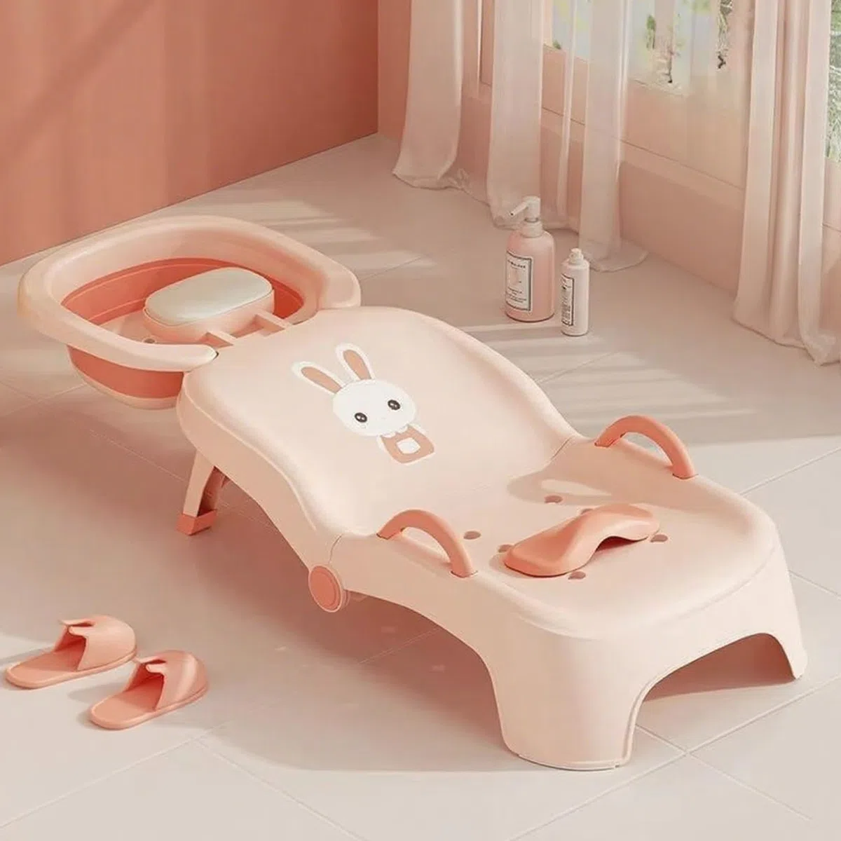 Kinder-Shampo-Liegesitz – zusammenklappbarer Haarwaschstuhl, langlebiger Stützstuhl, weiches Kopfstützen-Design, Badehilfe für Kleinkinder für den Toilettenbereich im Salon zu Hause | Pflegeleichte Wa