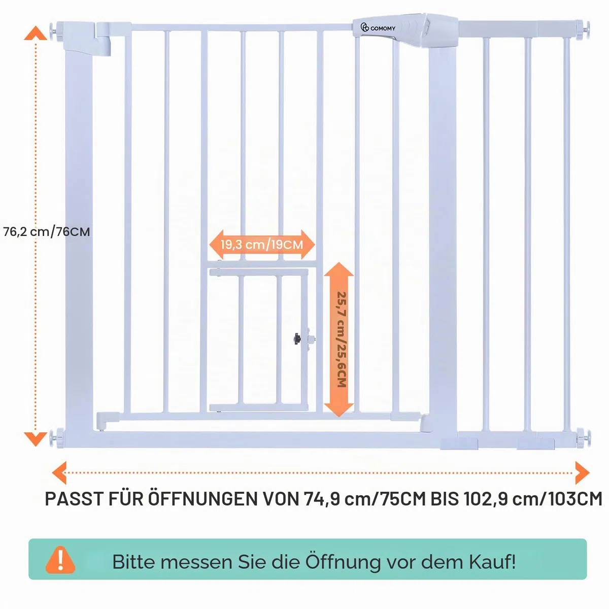 COMOMY Türschutzgitter mit Katzenklappe, 75-103cm Treppenschutzgitter ohne Bohren für Hunde und Katzen, Autoclose, Erweiterbar Türgitter Absperrgitter mit 7cm und 14cm Verlängerungen, Weiß