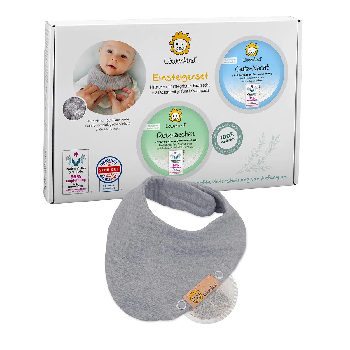 Löwenkind Einsteigerbox "Newborn" Grau mit Rotznäschen- und Gute-Nacht-Pads- Kräuterpads zur natürlichen Unterstützung in der Erkältungszeit und bei Schlafproblemen für Neugeborene bis 6 Monate