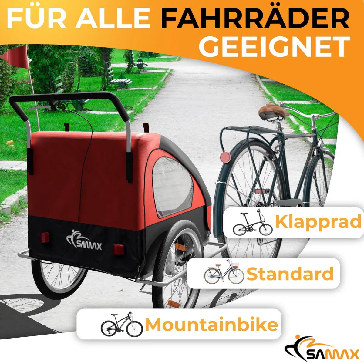 SAMAX Jogger 2in1 Kinderfahrradanhänger mit vollgefederter Hinterachse für 2 Kinder rot/schwarz - Silver Frame