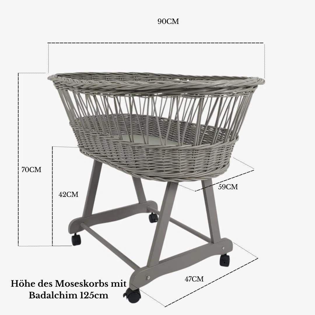 Wiklinopol Stubenwagen aus Weide mit Baldachin und Gestell Lena – Moseskorb in Grau, Komplettset mit 5-TLG. Waffel-Bettwäsche Kaninchen Beige – Mit Rollen, Tragbar, Sicher