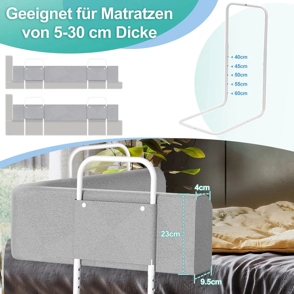 2xBettgitter für Kinder 150cm, Bettschutzgitter 5-Loch Höhenverstellbar, Rausfallschutz Bett, Kinderbettgitter, klappbar Bettgitter, Einfach zu Montieren(Grau)
