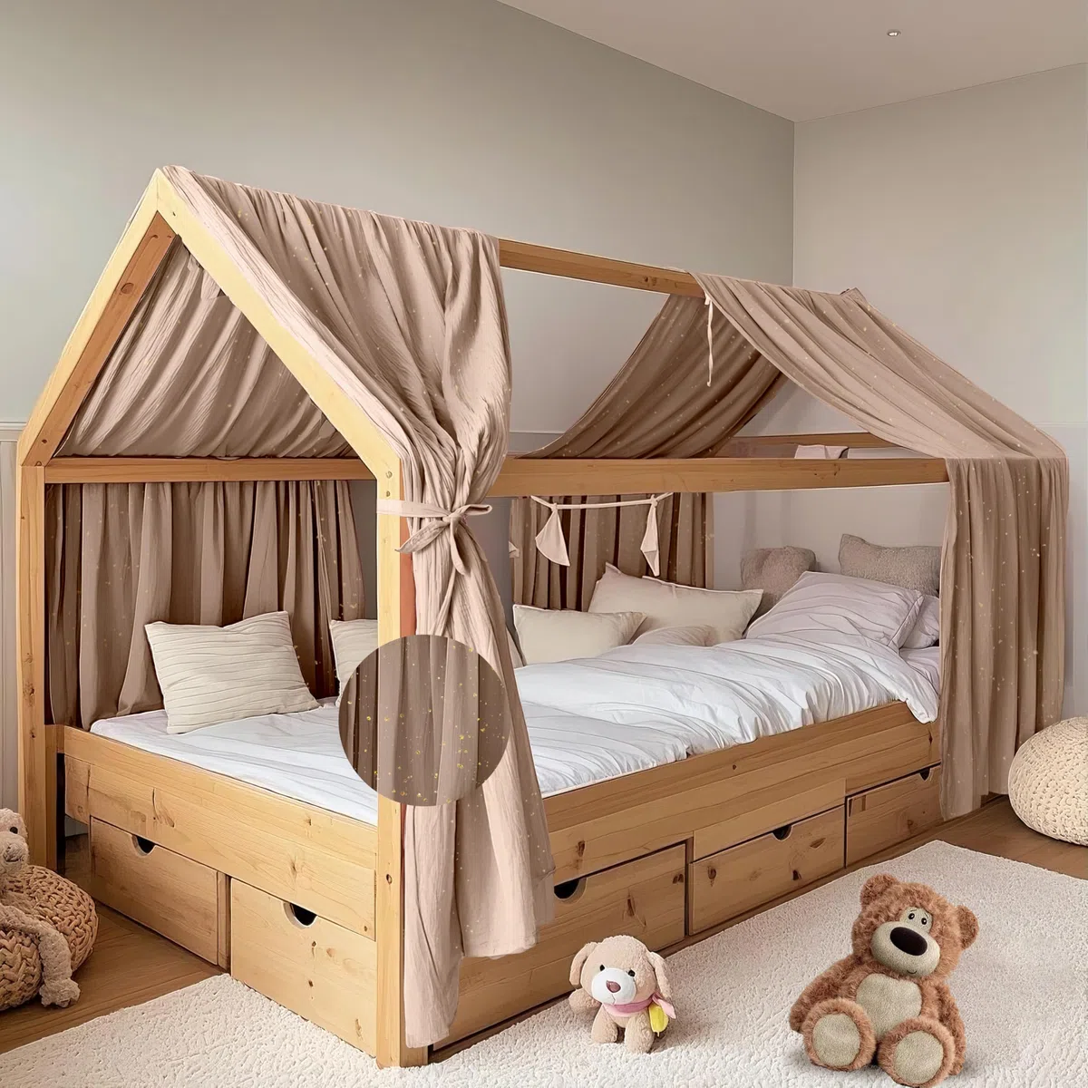 Hausbett Himmel mit Gold Applikation 2 Stück, handgefertigt aus 100% Baumwoll-Musselin, Stoffhimmel zur Hausbettdekoration, für Mädchen und Jungen (Dunkelbeige, 2er Set 65 x 270 cm)