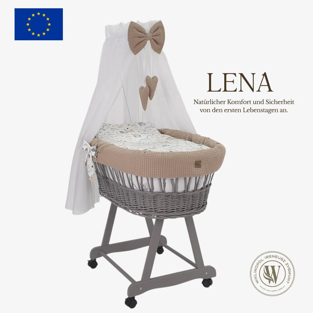 Wiklinopol Stubenwagen aus Weide mit Baldachin und Gestell Lena – Moseskorb in Grau, Komplettset mit 5-TLG. Waffel-Bettwäsche Kaninchen Beige – Mit Rollen, Tragbar, Sicher