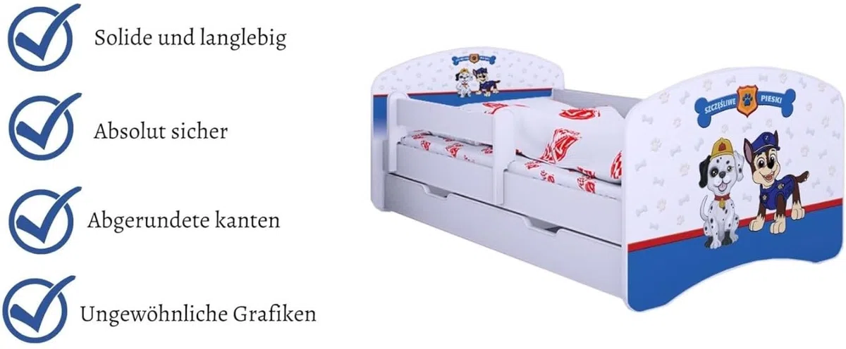 BDW Kinderbett Super Hunde - Babybett mit Matratze und Schublade - Bequem und Langlebig Rausfallschutz Bett - Kinderzimmer - Weiß (180x90)