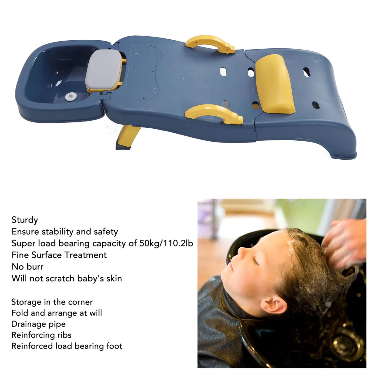 Haarwaschstuhl, Höhenverstellbar, Faltbares Design, Kleinkind-Shampoo-Station, Baby-Badewannensitz mit Abnehmbarem Shampoo-Becken-Kopfhalter und Rückenkissen, für Kleinkinder 0 (Dunkelblau)