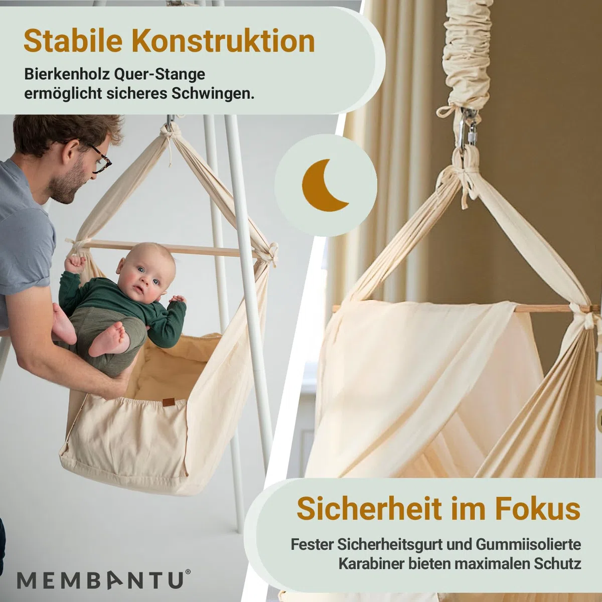 Federwiege Baby inkl. Feder - Baby-Wiege aus Bio-Baumwolle - Baby-Hängematte mit Deckenaufhängung - Baby-Hängewiege Plus Matratze und Baldachin - Baby-Hammock bis max. 15kg - Natur
