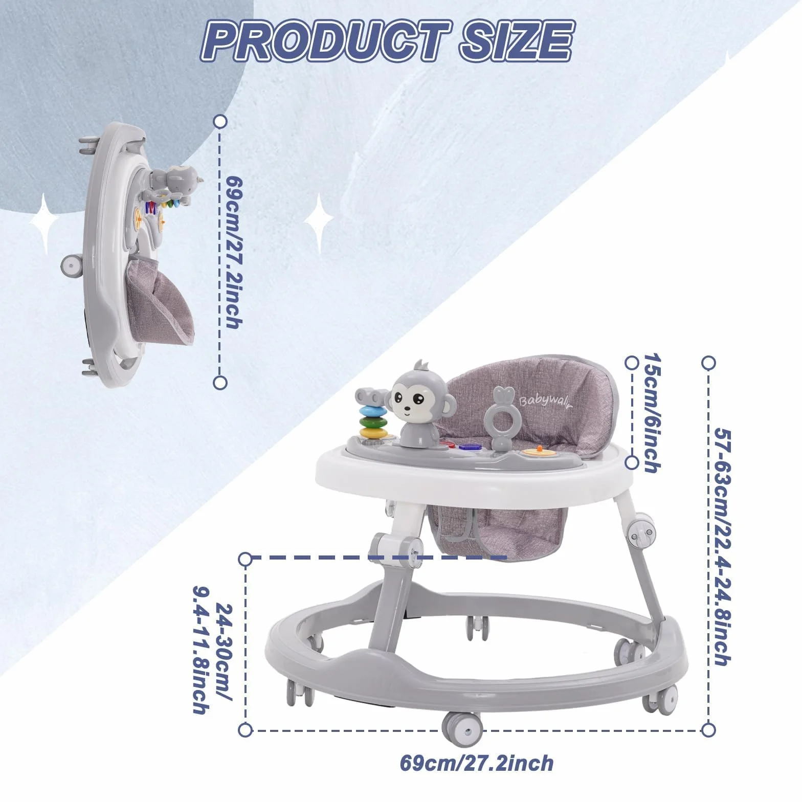 Lauflernhilfe Babywalker 5in1,mit Musikalisches Spielzeug und Herausnehmbarem Essteller,360-Grad-Rädern ohne Geräuschentwicklung,Faltbare Lauflernwagen Laufhilfe babys ab 0+ Klappbar Grau