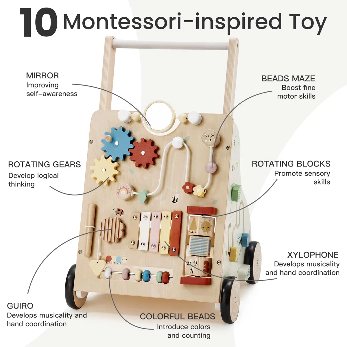 Labebe Baby Lauflernwagen Holz – Lauflernhilfe mit einstellbarer Geschwindigkeit und Höhe, Montessori Schiebespielzeug für Jungen und Mädchen ab 12 Monaten
