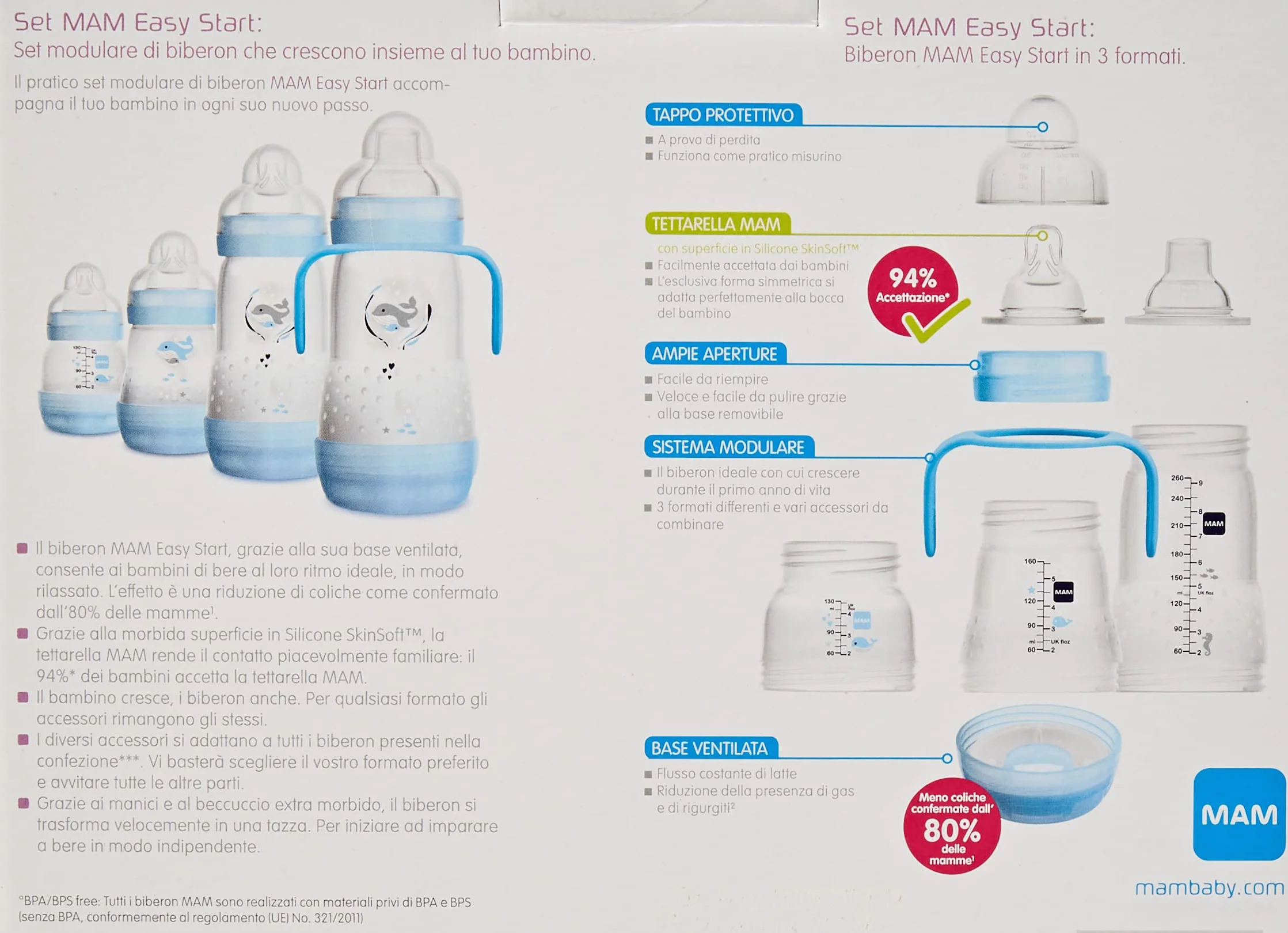 Mam Easy Start Anti-Colic Babyflasche, 8 Flaschen in den Formaten 130 ml, 160 ml und 260 ml, 1 Start Nano, 4 Dichtstoffscheiben, 1 extra weicher und griffiger Ausgießer, Sortiert Farbe, 7- 30 g