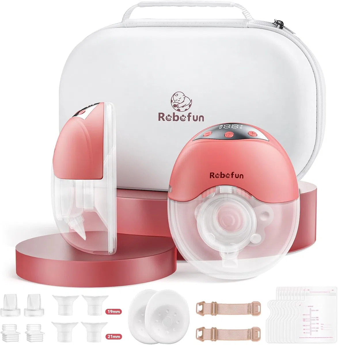 2 Stück elektrische Milchpumpe, Freisprecheinrichtung, doppelt, leise, 4 Modi und 12 Saugstufen, elektrische Milchpumpe mit Staubschutz, 19 mm/21 mm/24 mm, Rosa