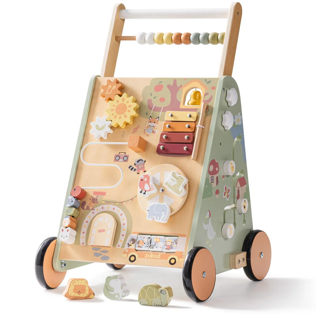 ROBUD Holzroller für Kleinkinder, 8-in-1 multifunktionales Spielzeug mit Aktivitätszentrum, viel Stauraum, Höhen- und Geschwindigkeitskontrolle, pädagogische Lernroller für