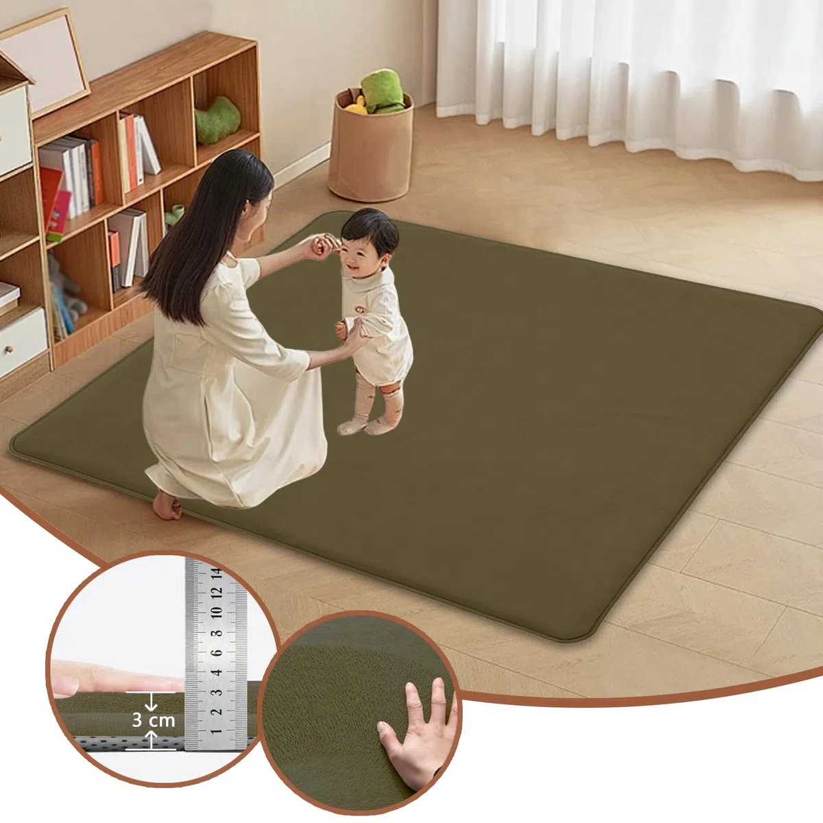 Krabbel- und Spielmatte für Babys, 120 x 250 cm, Korallensamt, 3 cm, Krabbelmatte für Babys, groß, rutschfest, für Kinder, für Wohnzimmer, Schlafzimmer, Yoga, Grün