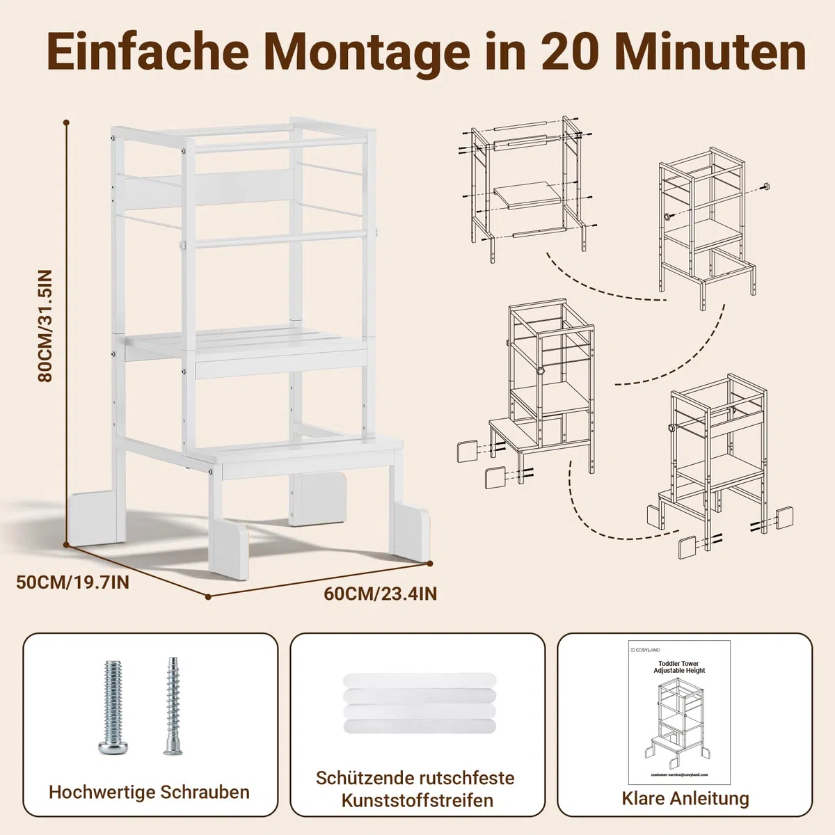COSYLAND Lernturm Montessori Learning Tower Holz Stabil, Reinweiß | Stabiler Toddler Tower mit 4 Stützfüßen & Rutschschutz. 3-fach höhenverstellbar für Kinder ab 2 Jahren in Küche.