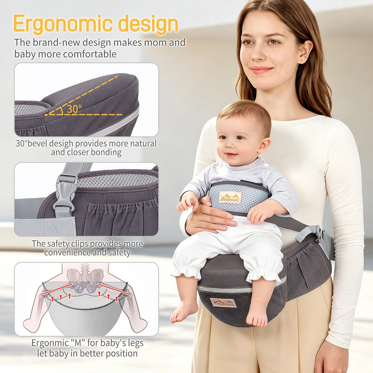Viedouce Hüftsitz Baby, Ergonomische Hüfttrage Trageshilfe mit Sicherheitsgurt Schutz für Babys und Kleinkind, Leichte und Bequeme Baby Carrier für 4-36 Monate