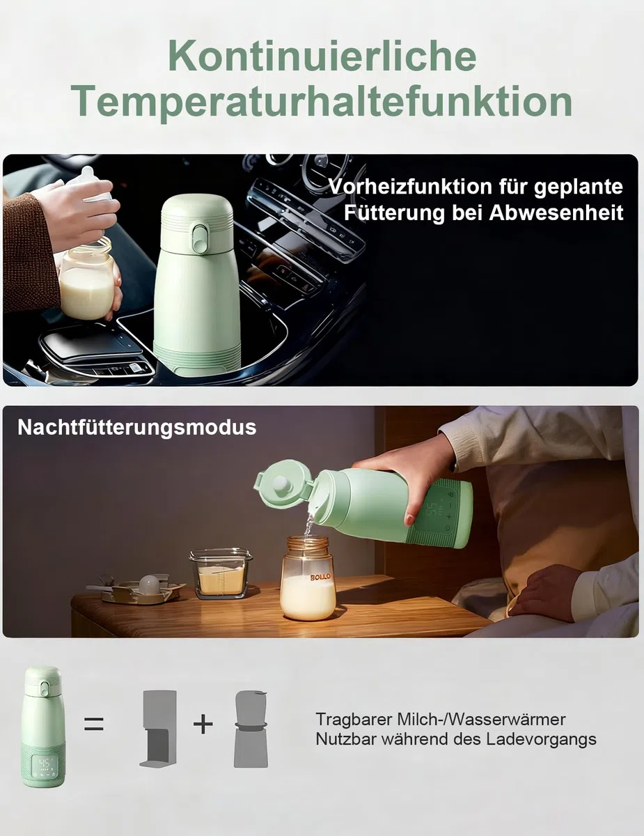 Tragbarer Flaschenwärmer, 500ml Flaschenwärmer Baby Unterwegs Präzise Temperaturkontrolle 37 Bis 55 Grad Einstellbar für Reisen Nachtfütterung (Grün)