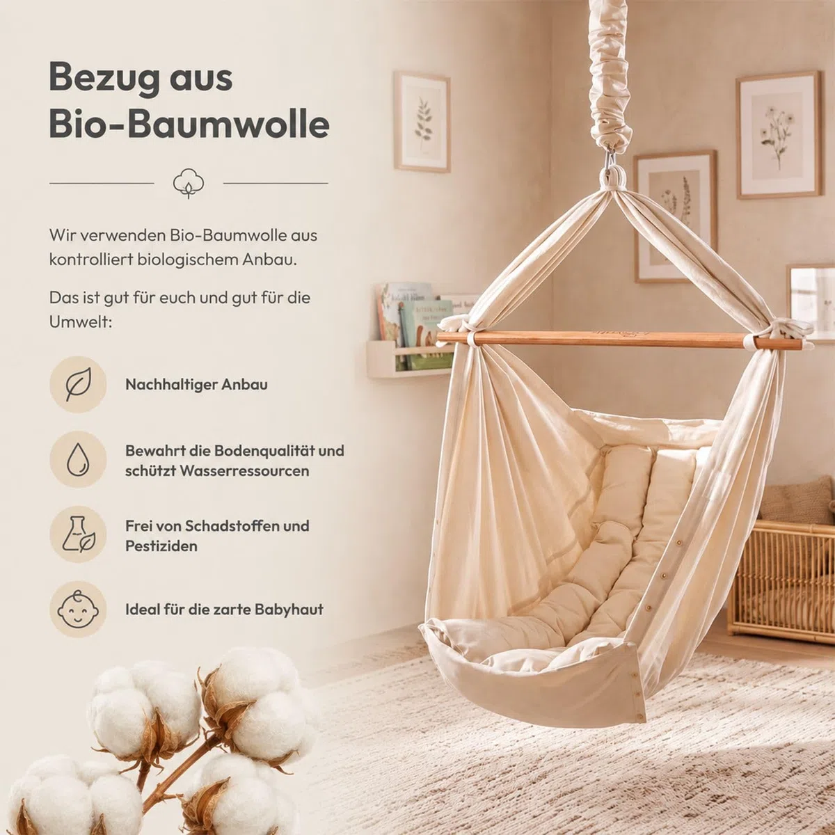 Premium Baby Federwiege mit Tipi-Gestell - Beige Federwiege mit beigem Tipi-Gestell - für Babys ab Geburt - Bio-Baumwolle