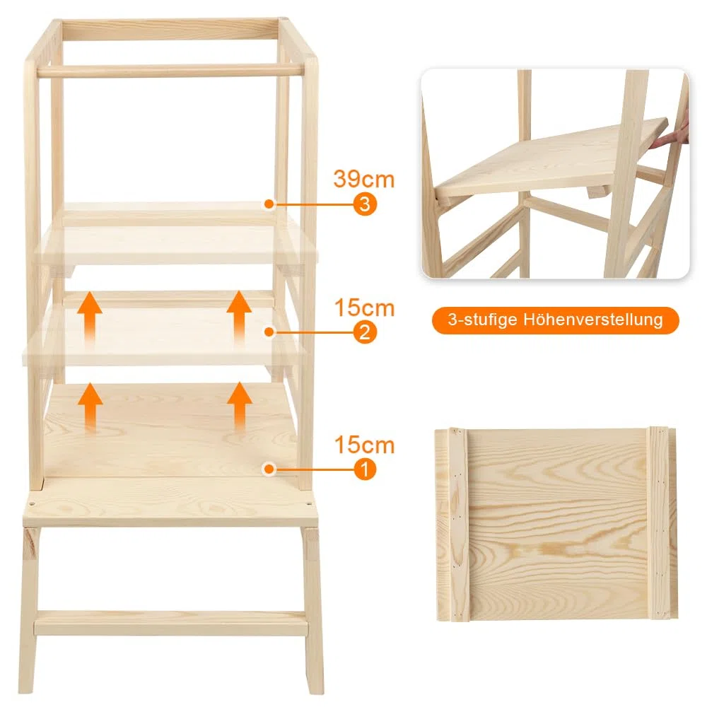 Homewell Höhenverstellbarer Lernturm ab 1 Jahr, Learning Tower, Montessori-Methode, Massiv Montessori Lernturm Kinder aus Holz, Stabil Robust, 39 * 52 * 90 cm