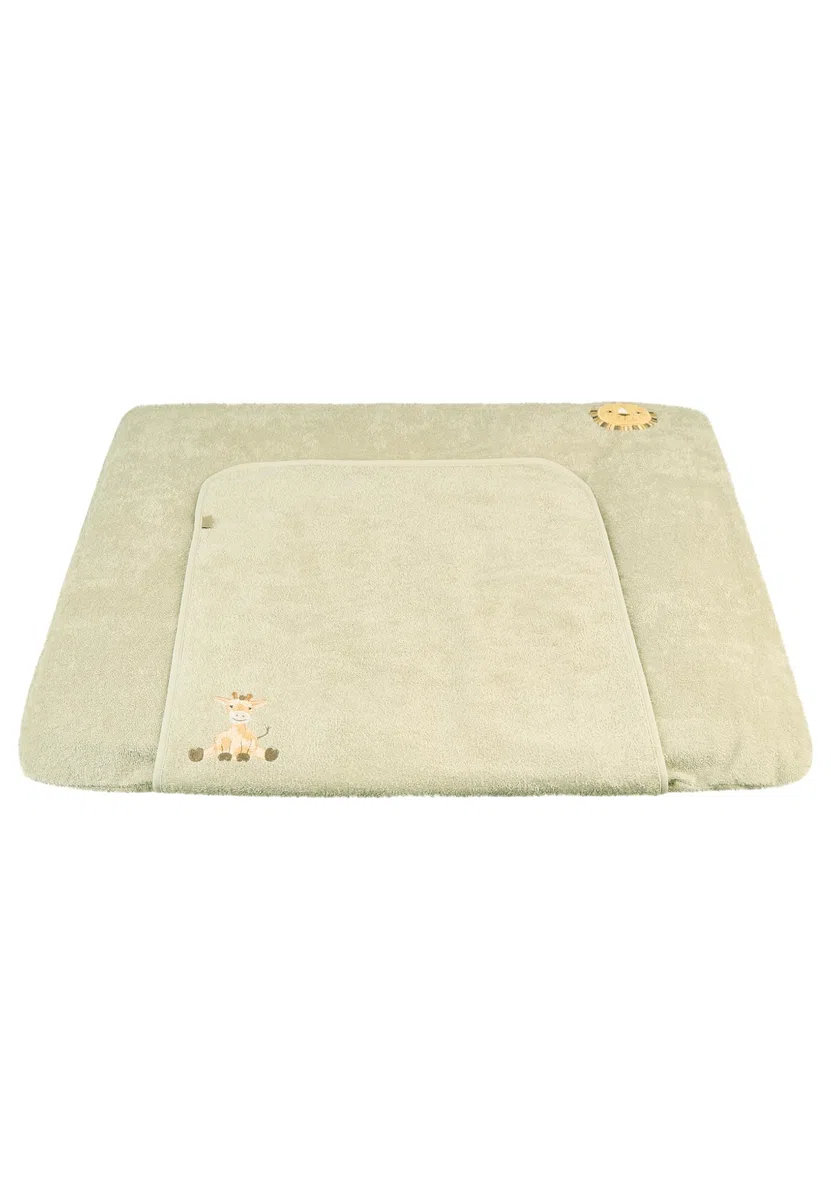Sterntaler Wickelauflagenbezug Giraffe & Löwe 80x90cm – Saugfähige Baumwolle mit abtrennbarem, wasserundurchlässigem Frottee-Teil – süße Stickereien – Wickelunterlage für Unterwegs, steingrau