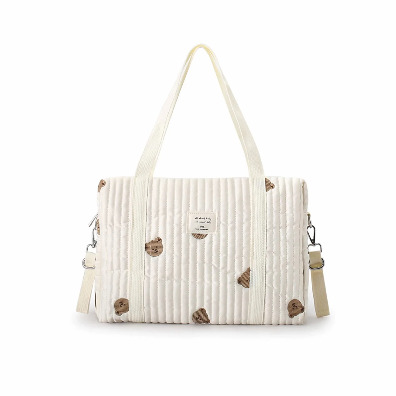 SONARIN Stickerei Baby Wickeltasche,Stilvolle Große Kapazität Baumwolle Reise Wickeltasche Tragetasche Henkeltaschen Tragbare Leichte Babytasche Mama Tasche mit Kinderwagen Haken(Bär)