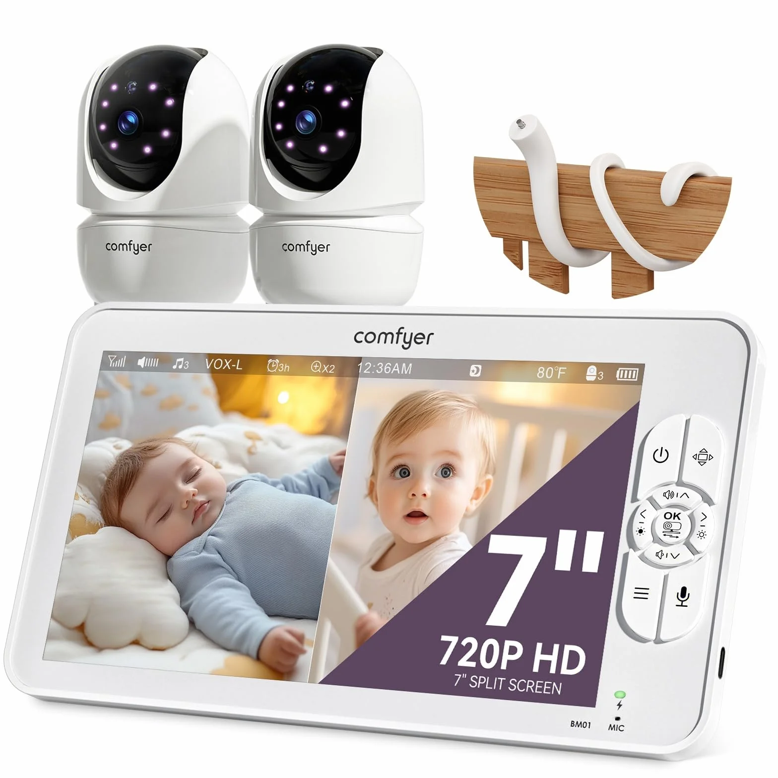 Comfyer BM01 Split-Screen Babyphone mit 2 Kameras, 7" HD 720P ohne WLAN mit Halterung, IR-Nachtsicht VOX-Modus mit Sound-Alarm 2-Wege-Audio 6000mAh 300M Reichweite Videoüberwachungsgerät