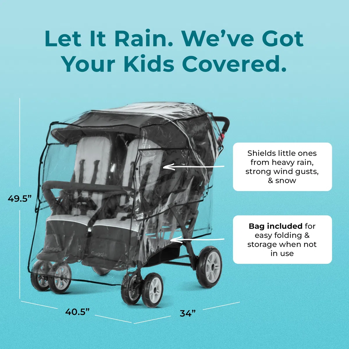 Regenschutz für Kinderwagen Gaggle Quad und Gaggle Compass - Regenschutz für 4-Sitzer-Kinderwagen - Regenschutz mit Sichtfenster - Öffnung für Luftzirkulation - 144,8x106,7x122 cm