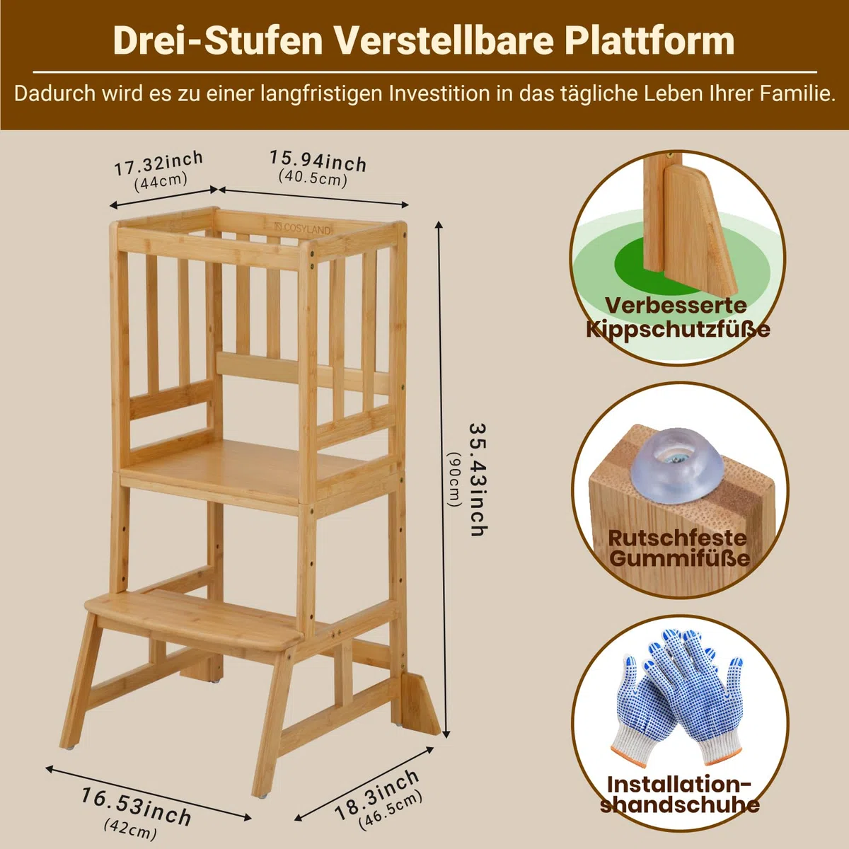 COSYLAND Höhenverstellbarer Lernturm ab 18 Monaten - Kinder Learning Tower-Lernturm für Küche und Kinderzimmer mit Kippschutz, rutschfesten Matten, 2 Stufen und Sicherheitsbügel, Bambus, Holzfarbe