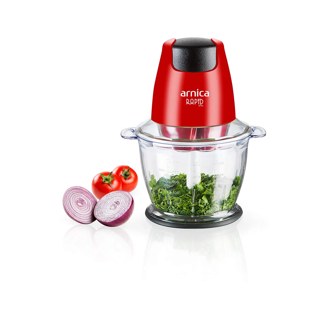 arnica Rapid Plus - Zerkleinerer - 500W mit Einhandbedienung - 1,3L Behälter - Doppelmesser für Gemüse, Kräuter, Nüsse - Rot