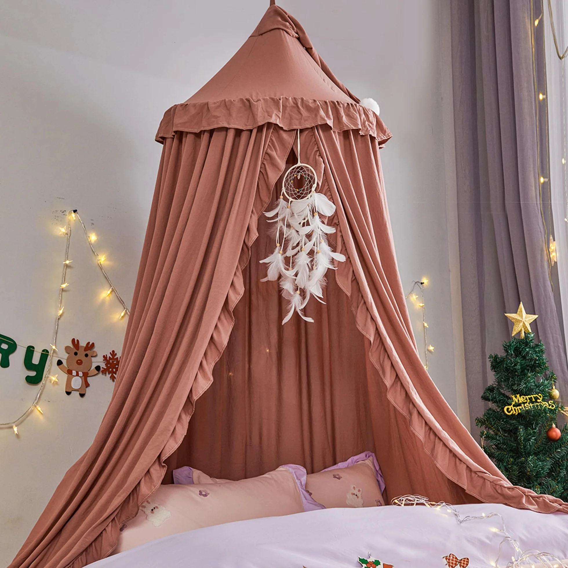 Betthimmel für Mädchen Prinzessin Runder Kuppel Träumendes Moskitonetz Bettwäsche Mädchenzimmer Schloss Spielzelt Hängendes Haus Dekor Leseecke Baldachine(Bohnenpaste rot)