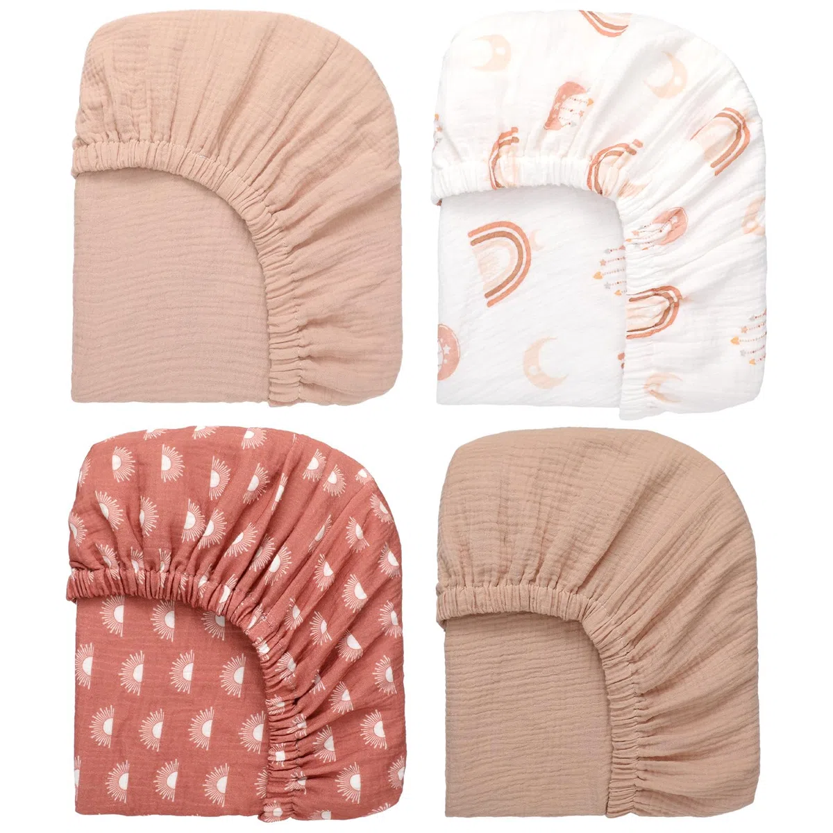 Mindsoft 4-teiliges Musselin-Spannbettlaken-Set für Jungen und Mädchen, Spannbettlaken für Kinderbetten für Standard- und Kleinkindermatratze, weiche und atmungsaktive Baumwolle, Baby-Bettlaken, 71,1