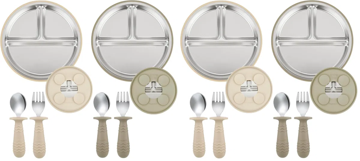 PandaEar Babygeschirr im Set, 2 x Babyteller, geteilt, aus Edelstahl, mit Saugfüßen, 2 x Gabel und Löffel, für babybestimmte Beikosteinführung, BPA-frei, hellbraun-walnussfarben (Packung mit 2)
