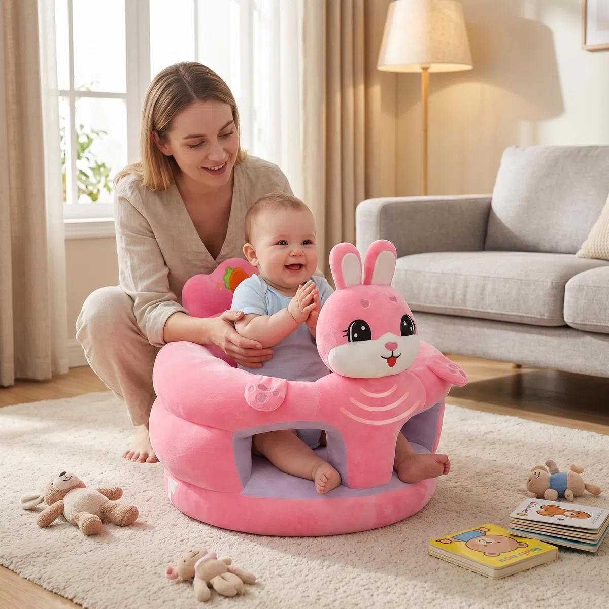 Babysitzstuhl, Sit Me Up-Bodensitz für Babys, tragbarer Sitzstuhl mit ergonomischer Unterstützung und weichem Plüschstoff, Hasendesign für Kleinkinder von 3 bis 12 Monaten, Sitze für Kleinkinder ab 3