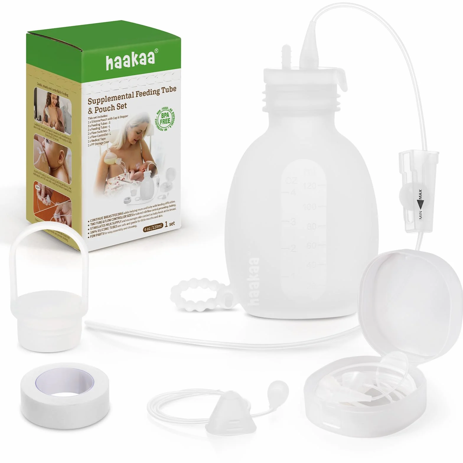 haakaa Baby Supplemental Nursing System for Stillen, Silikon Baby Fütterungsschlauch & Beutel Set, Brustergänzungsmittel mit Dual Tube Flow Control, Lebensmittelechtes Silikon
